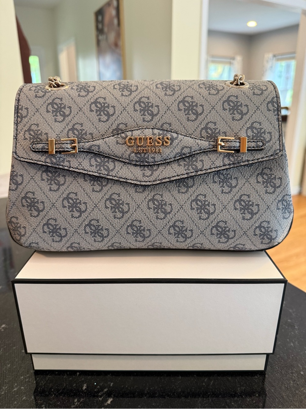 GUESS Blue-Gray Signature Chain Shoulder Bag with Gold Hardware